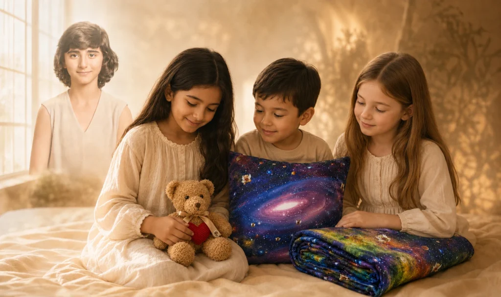 Children hugging a teddy bear and galaxy pillow from the Healing and Comfort Bear Set