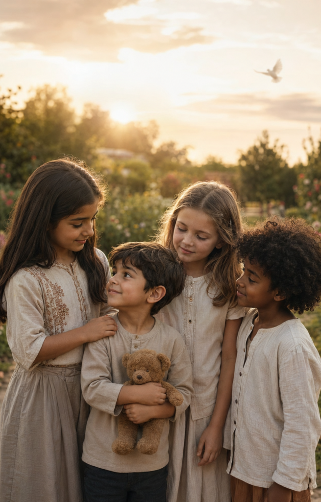 Children sharing a teddy bear