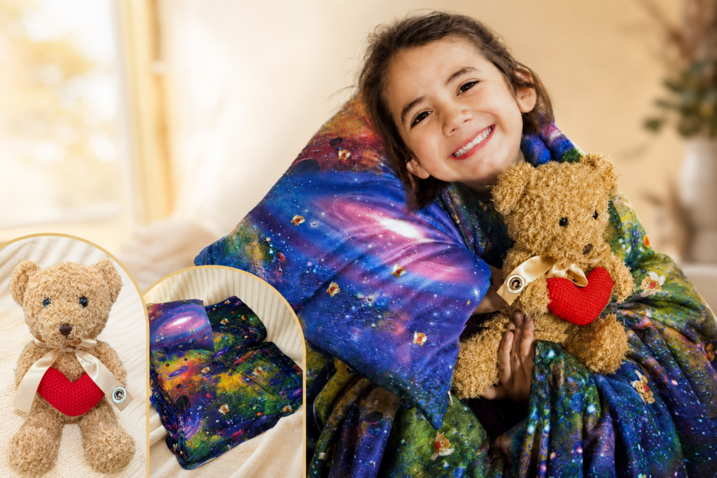 Child hugging a teddy bear and galaxy pillow from the Healing and Comfort Bear Set