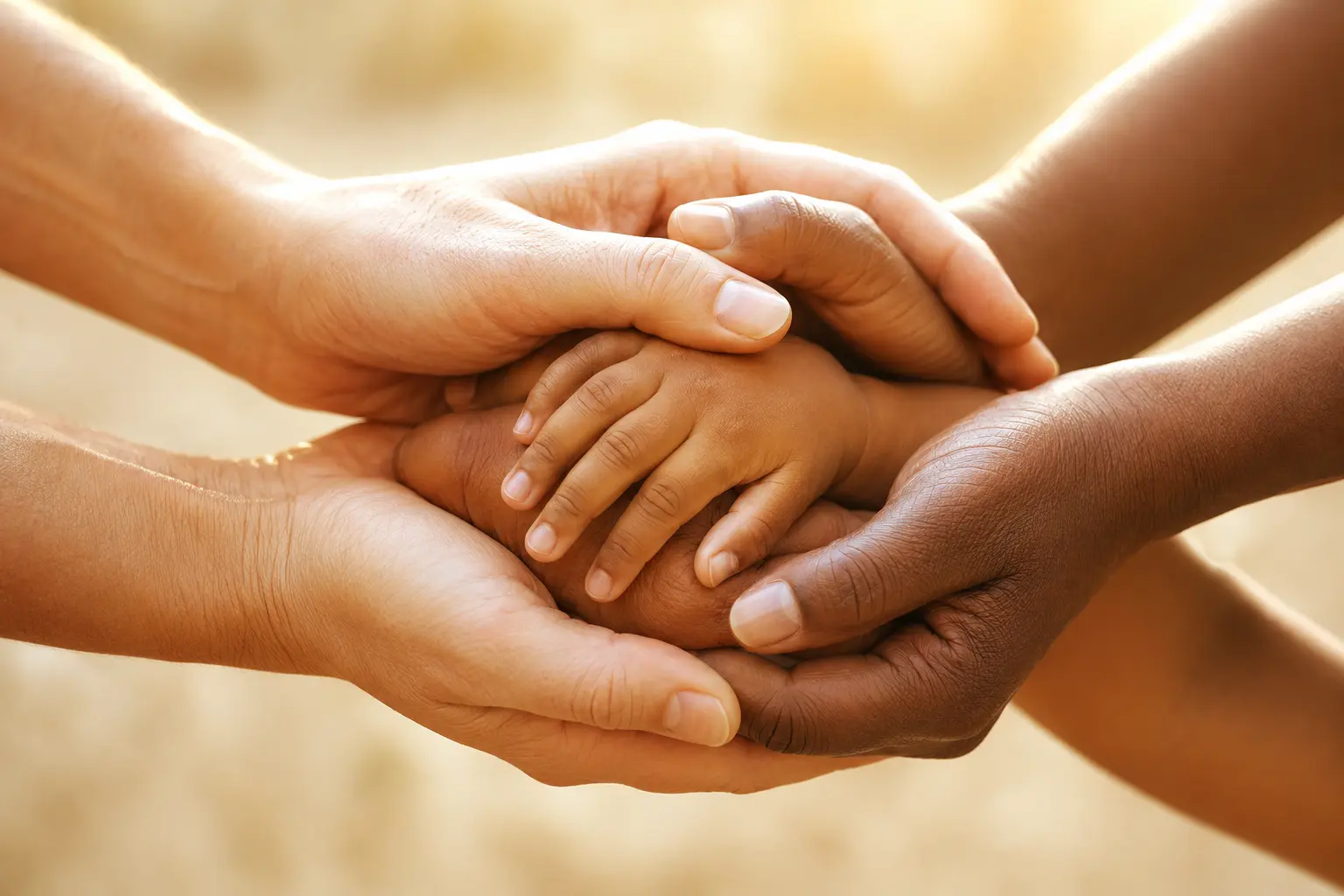 Compassionate hands surrounding a child’s hand with love and support