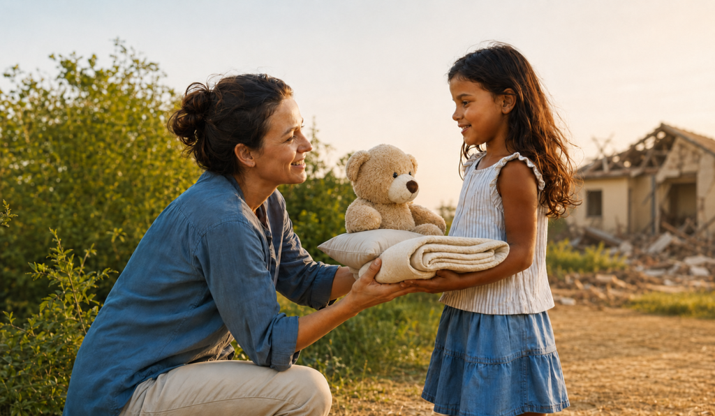 Woman giving a teddy bear, pillow, and blanket to a child affected by disaster